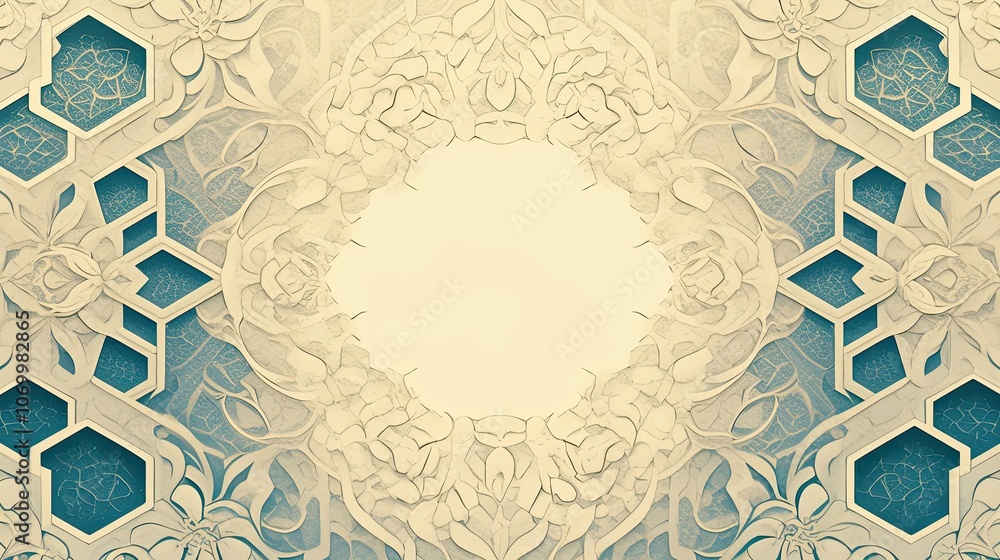 Poster abstract floral pattern with hexagon frames and a circular center