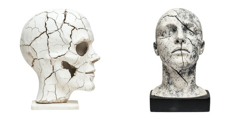 Cracked and damaged sculptural head displaying a distorted surreal and abstract concept  This thought provoking artwork explores themes of emotion expression and the fragility of the human condition