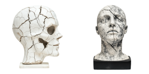 Cracked and damaged sculptural head displaying a distorted surreal and abstract concept  This thought provoking artwork explores themes of emotion expression and the fragility of the human condition