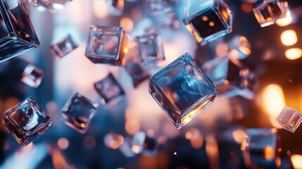 Abstract background with floating glass cubes against a colorful bokeh.