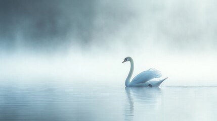 Fototapeta premium A serene swan gliding through misty waters, creating a tranquil atmosphere.