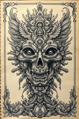 Elaborate skull artwork with intricate details and ornamental features on parchment