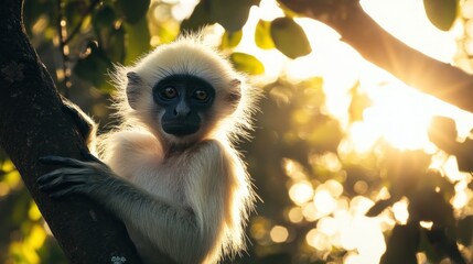Obraz premium A young monkey with white fur and dark eyes sits on a tree branch with the setting sun in the background.
