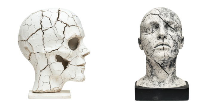 Cracked and damaged sculptural head displaying a distorted surreal and abstract concept  This thought provoking artwork explores themes of emotion expression and the fragility of the human condition