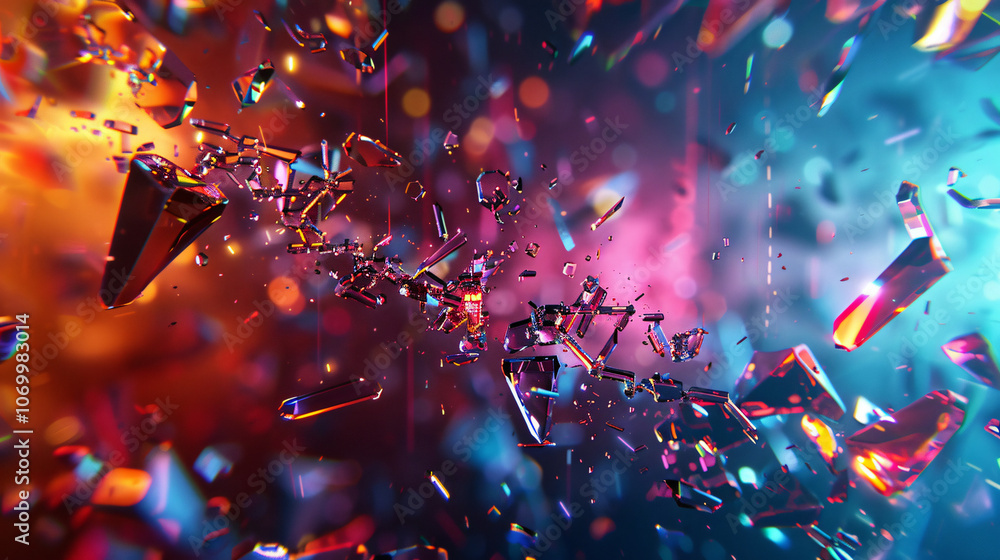 Poster a dynamic digital illustration showcasing colorful shards of crystals exploding in a mix of blue and