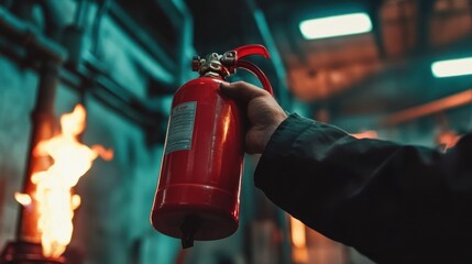 A person holds a red fire extinguisher ready to use, with visible flames in the background inside what appears to be an industrial setting.