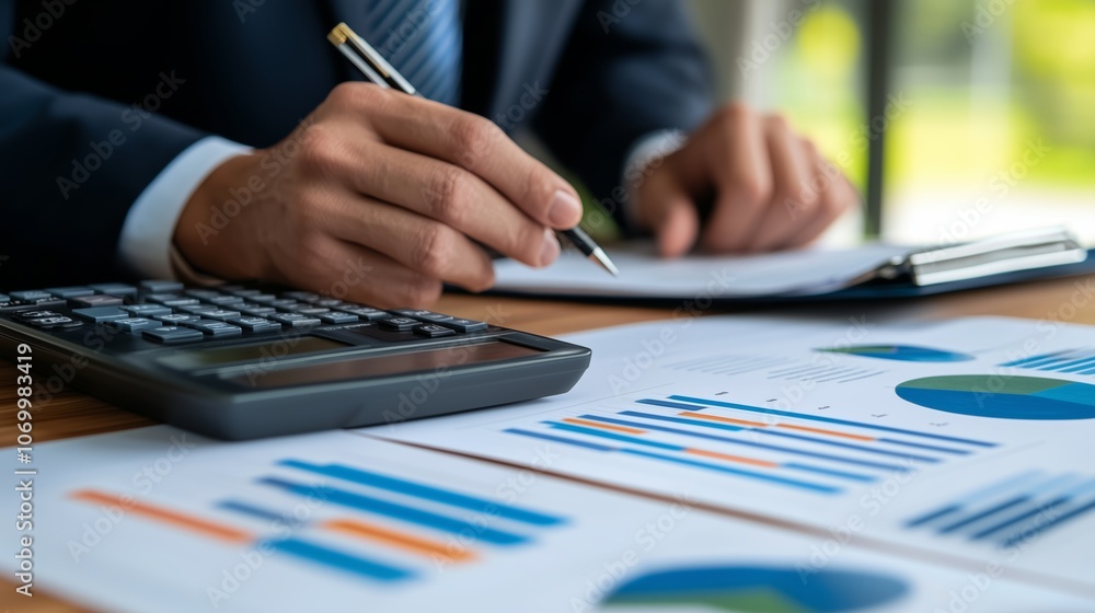 Poster person analyzing financial reports and graphs with a calculator in an office setting during daylight