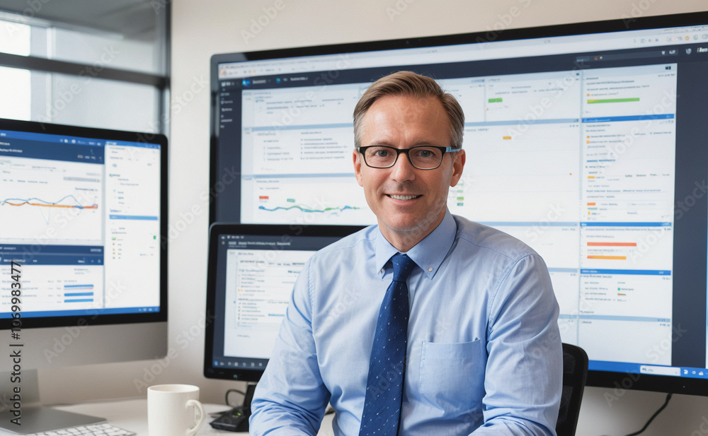 Poster man wearing a blue shirt and a tie sits in front of a computer monitor