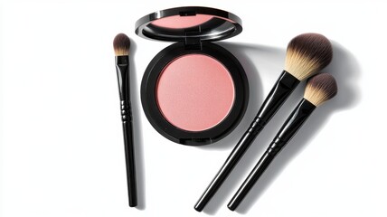 Cheek blush and Makeup brushes on studio background,colorful texture and pink powder explosion on the background,cosmetic banner concept,pouch,eyeshadow palette, and powder compacts.