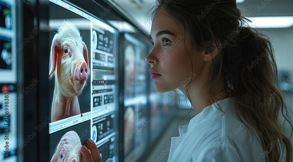 Poster a veterinarian looking at a monitor Monitoring the health of animals with multiple monitors, Such as a monitor showing a picture of a pig, showing numerical data, and showing medicine and vaccines.