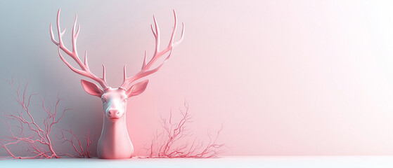 Pink Deer Head Sculpture Minimalist Decor Wall Art.