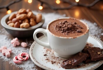 A warm cup of rich hot chocolate topped with chocolate shavings, surrounded by festive candies and a bowl of mixed nuts
