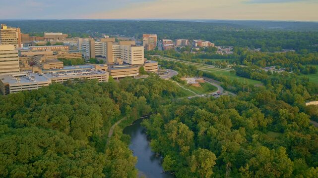 Gentle aerial drone footage over Ann Arbor&rsquo;s Huron River, taken in summer.