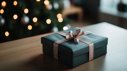 The image features a luxurious dark green gift box adorned with a sparkling ribbon, placed on a wooden table. In the blurred background, soft, glowing