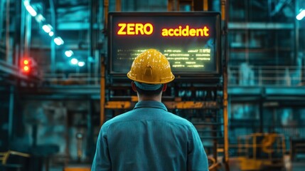 A worker in a hard hat facing an industrial scoreboard displaying "ZERO accident", emphasizing workplace safety in a manufacturing or construction setting.