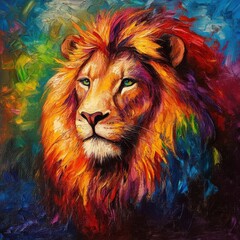 Colorful artistic portrait of a lion with vibrant mane against a vivid backdrop.