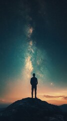 Silhouette of a person gazing at a starry sky during twilight.