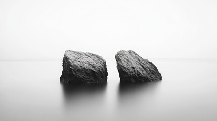 Fototapeta premium Two rocks on calm water, minimalistic black and white composition, serene environment.