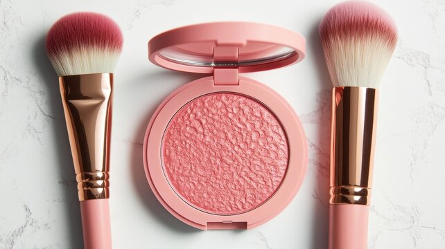Cheek blush and Makeup brushes on studio background,colorful texture and pink powder explosion on the background,cosmetic banner concept,pouch,eyeshadow palette, and powder compacts.