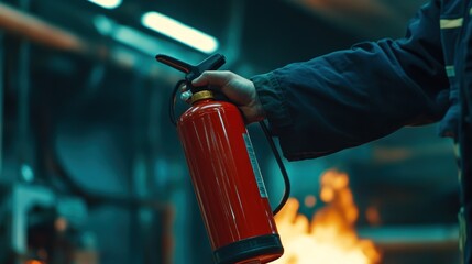 Naklejka premium A person is holding a red fire extinguisher, ready to use, with visible flames in the blurry background, suggesting an emergency situation requiring immediate action.