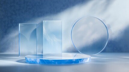 3D blue podium stand with circle glass backdrop is perfect for modern interior concept product display mockups. The stand is set on a floor and soft blue background