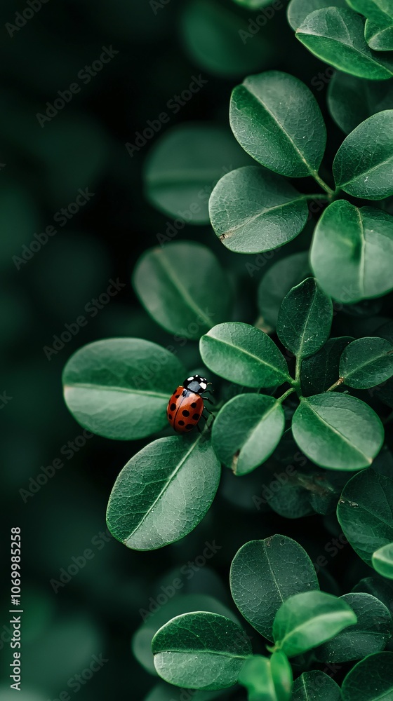 Poster close-up of a ladybug resting on a green leaf, with the natural textures in focus and the background