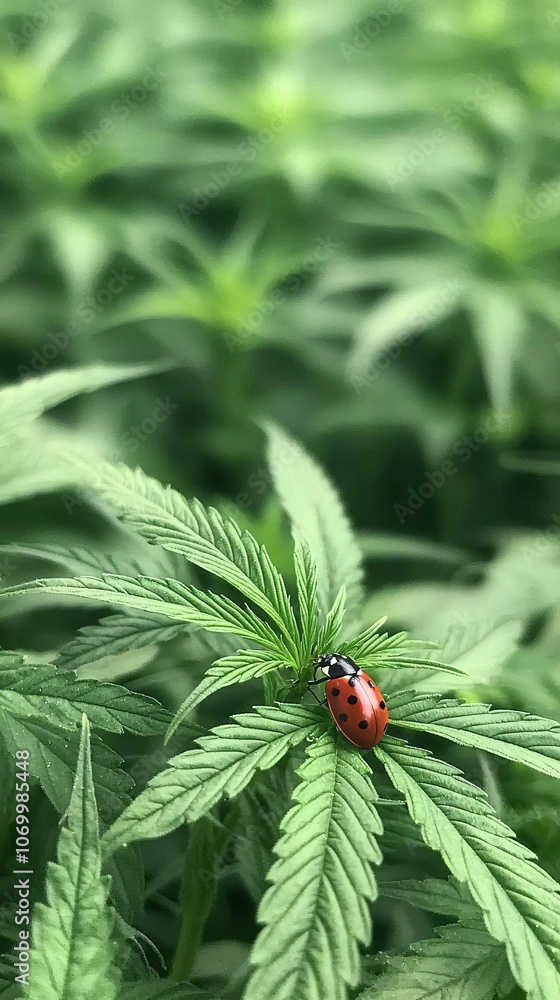 Poster close-up of a ladybug resting on a green leaf, with the natural textures in focus and the background