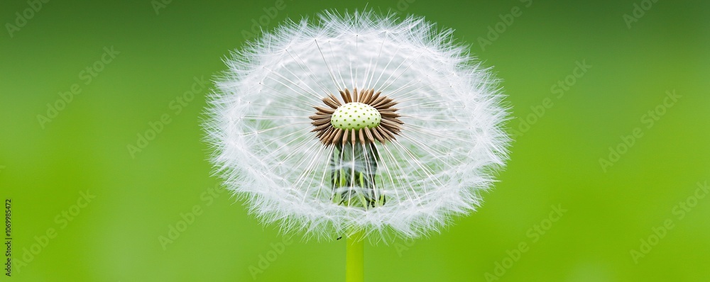 Poster macro image of a dandelion seed head, each delicate strand sharply defined, set against a blurred ba