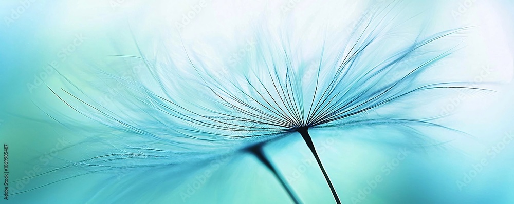 Poster macro image of a dandelion seed head, each delicate strand sharply defined, set against a blurred ba