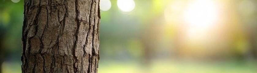 Obraz premium Close-up of a tree bark section with visible textures and grooves, captured in sharp focus, with soft background blur allowing for copy space.