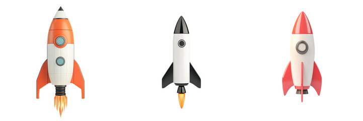 Powerful Rocket Spacecraft Soaring Into the Sky Representing Technology Innovation and Entrepreneurial Success  The image depicts three different stylized rocket ships taking off