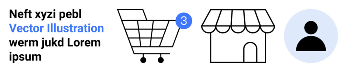 Shopping cart with numbered item bubble, storefront, and user profile icon. Ideal for eCommerce, online shopping, retail businesses, user experience, digital marketing, customer engagement