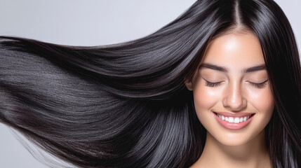 Fototapeta premium A woman with long black hair is smiling and looking at the camera