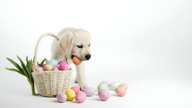 White Labrador puppy with easter basket and colored eggs. pet shop, veterinary clinic, easter promotion, greeting card, social media content, season pet product marketing.