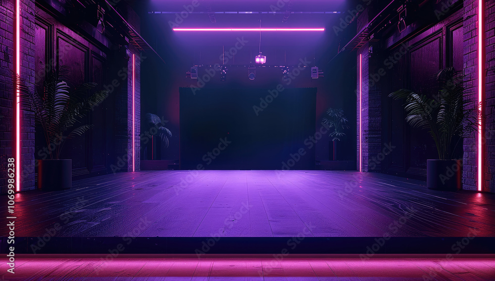 Poster a dark room with an empty stage, purple lights on the left and right side.