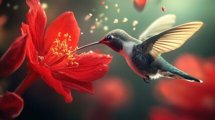 A close-up of a hummingbird feeding from a bright red flower