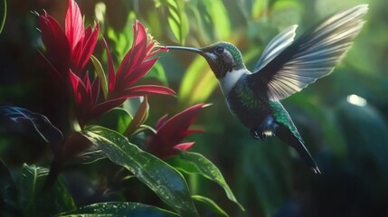 Naklejka premium A close-up of a hummingbird feeding from a bright red flower