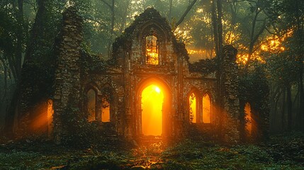 Obraz premium Sunlit Ruins in a Misty Forest