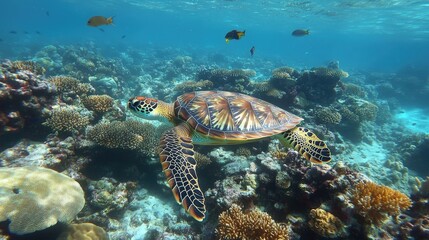 Fototapeta premium A coral reef teeming with life, where sea turtles swim gracefully among vibrant corals and schools of fish
