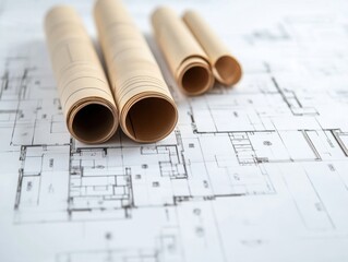 Architectural plans with rolled blueprints on a clean surface.