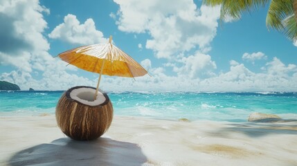 A fresh coconut with a straw and a paper umbrella, set against a tropical beach backdrop with turquoise waters