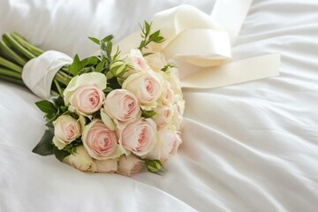 Elegant bouquet of pink roses on a soft white bedding background.