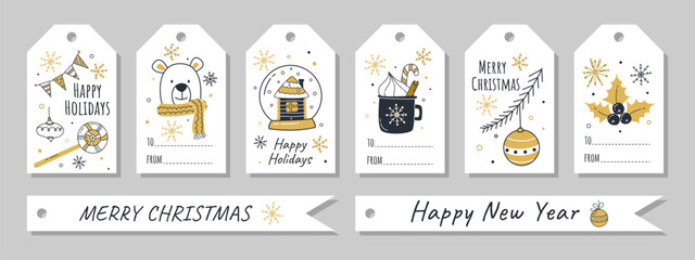 Christmas gift tags set. Hand drawn cute Christmas symbols. Labels with bear, holly, cup coffee, Christmas ornament in doodle style. Winter holiday cute greeting cards collection