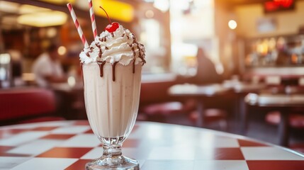 A frothy milkshake topped with whipped cream, chocolate syrup, and a cherry, served in a retro diner
