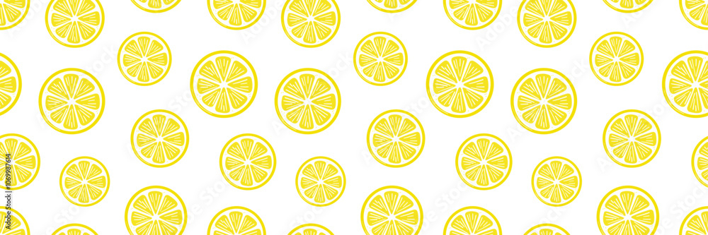 Poster lemon slices vector banner, seamless repeating citrus fruit pattern design, fresh summer cover templ