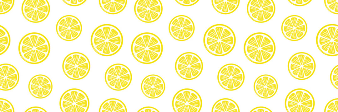 Lemon slices vector banner, seamless repeating citrus fruit pattern design, fresh summer cover template