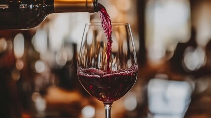 A glass of red wine being poured, the rich liquid swirling elegantly in the glass, symbolizing the tradition