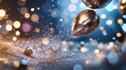 An artistic close-up featuring beautifully sparkling ornaments suspended mid-air, surrounded by a delicate mist of glitter. The background showcases v