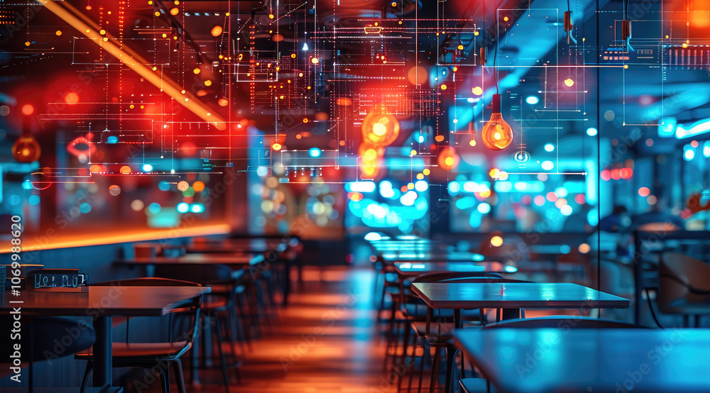 Poster responsible innovation restaurant, technology and data points floating in foreground and background,