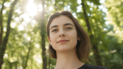 Fototapeta premium Serene Portrait with Natural Light and Blurred Greenery